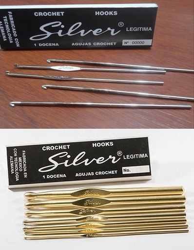 AGUJA DE CROCHET SILVER ALUMINIO/DORADO- CAJA X DOCENA